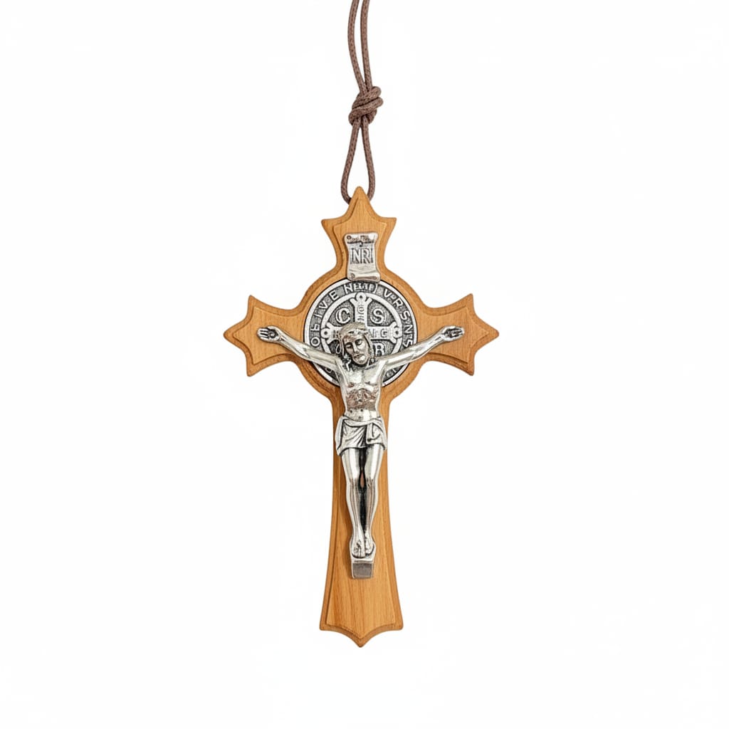 St. Benedict Crucifix in Olive Wood and Lanyard 7.5 cm