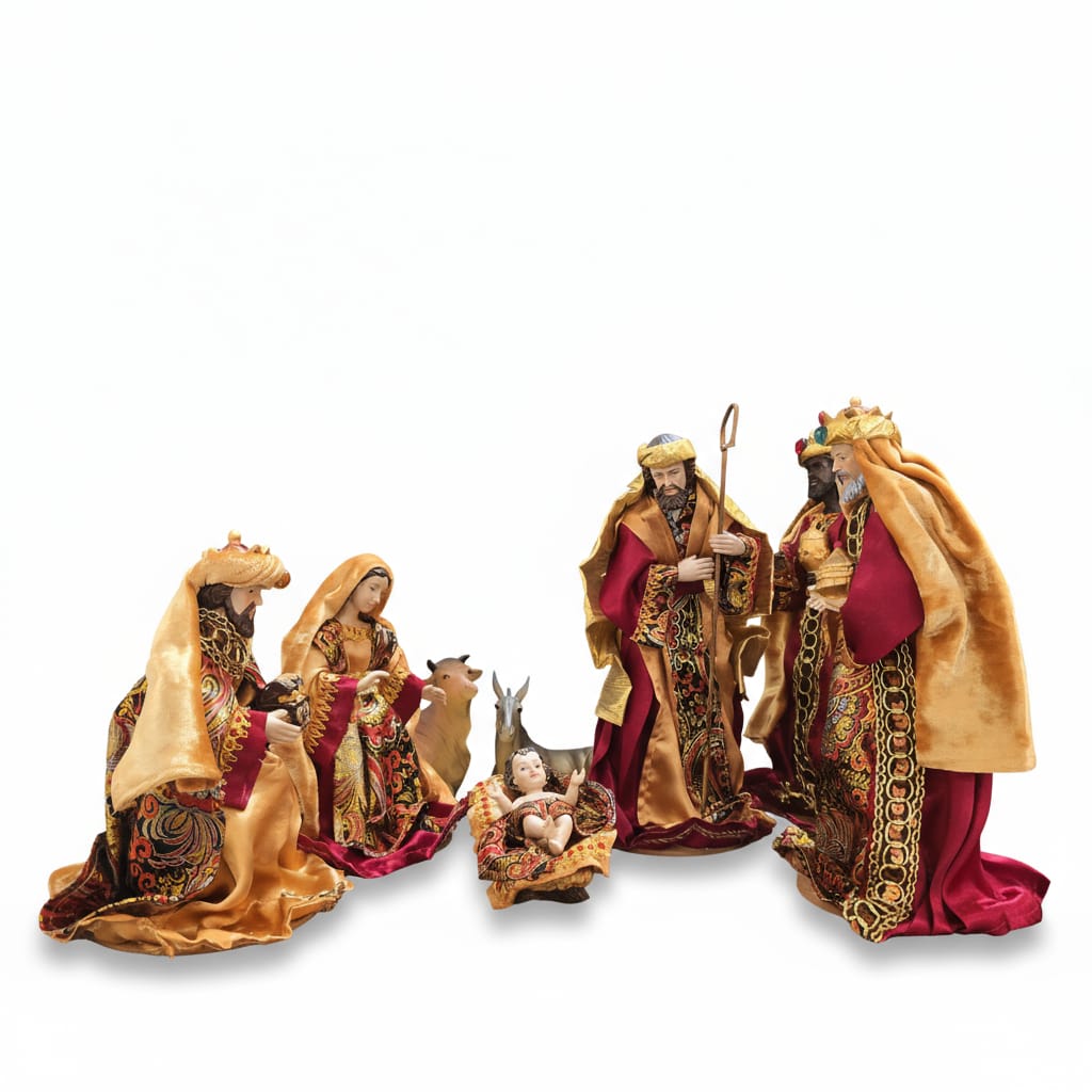Presepe con abiti rosso set 8pz in resina 23cm