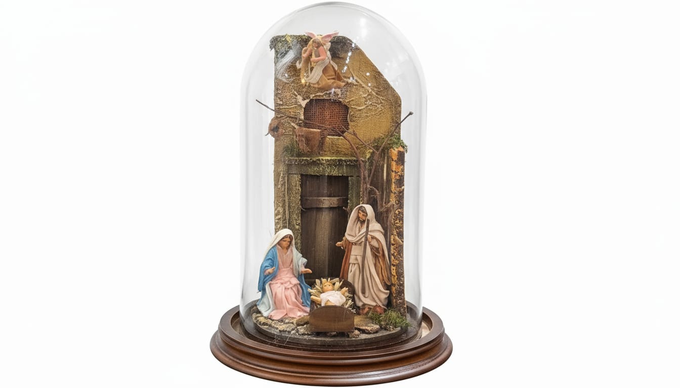 Presepe Napoletano In Campana di Vetro base legno 30x20cm