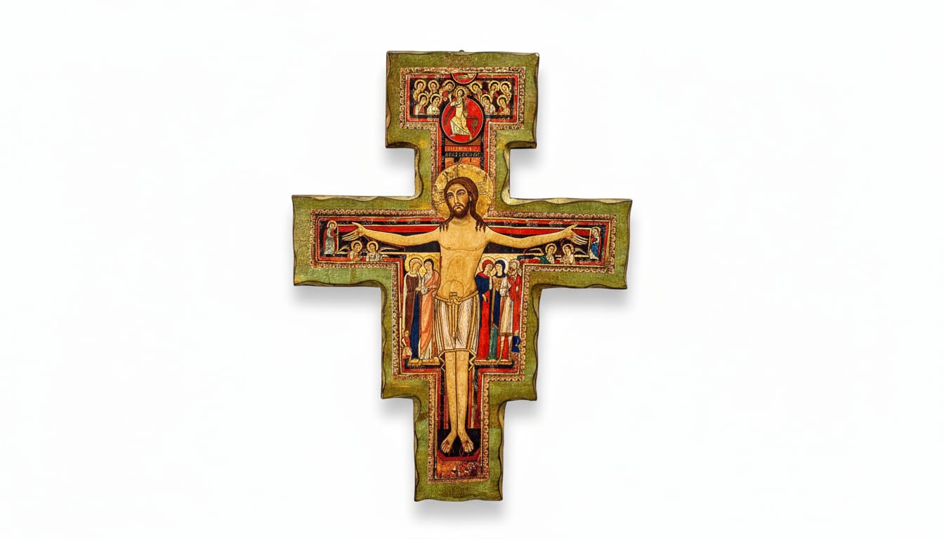 Crocifisso San Damiano in legno inciso 80 cm